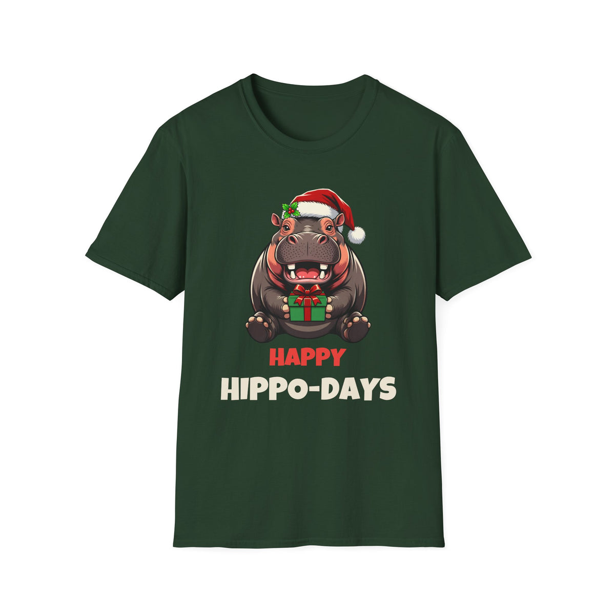 Happy Hippo-Days Christmas t-shirt in Forest Green, front view