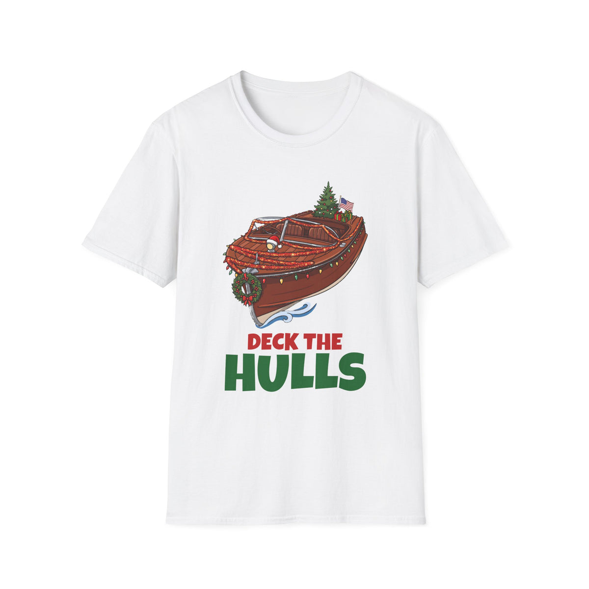 Deck the Hulls Christmas t-shirt in White, front view