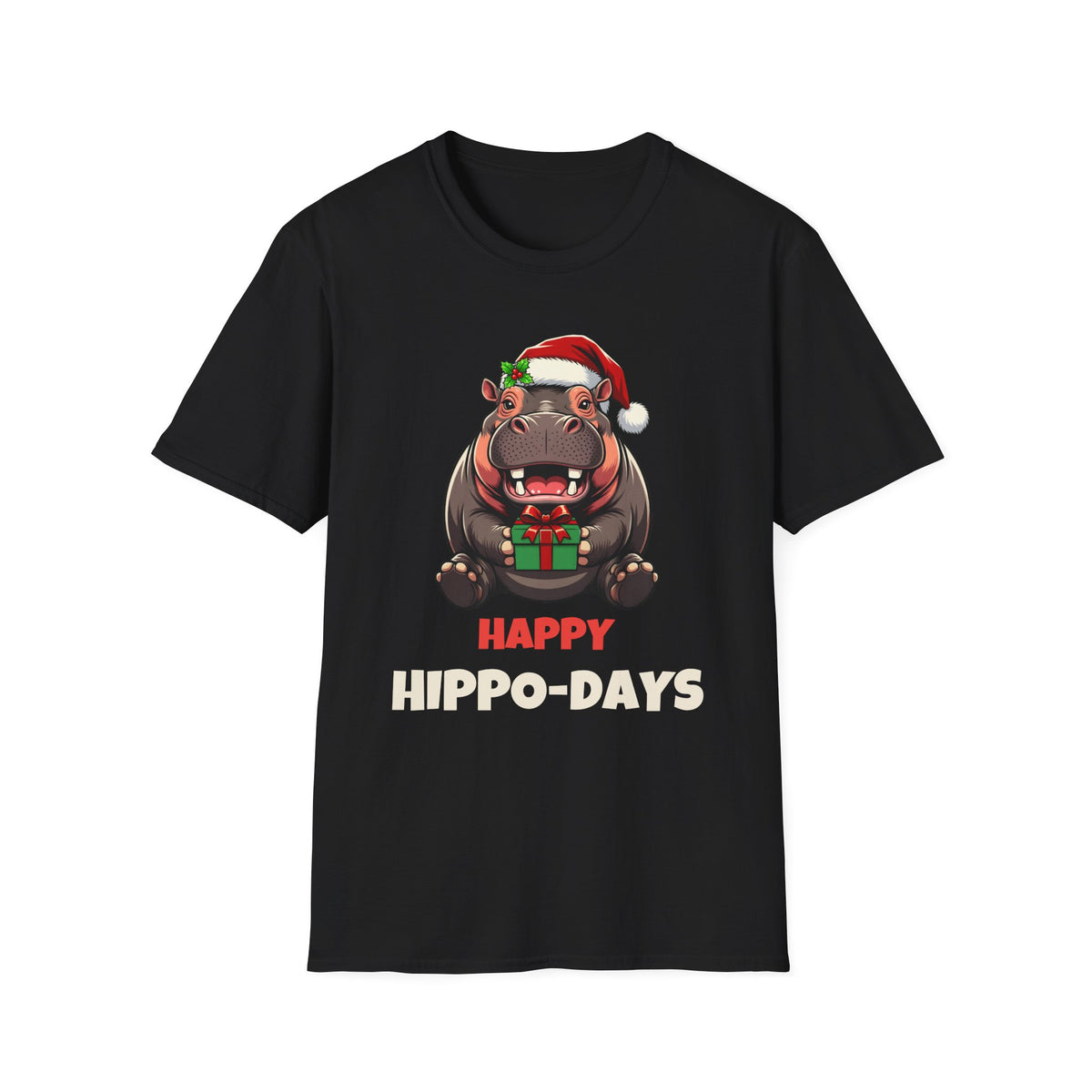 Happy Hippo-Days Christmas t-shirt in Black, front view