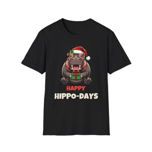 Happy Hippo-Days Christmas t-shirt in Black, front view