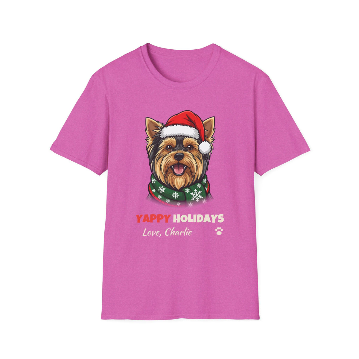 Yappy Holidays Yorkshire Terrier Christmas t-shirt in Heather Berry, front view