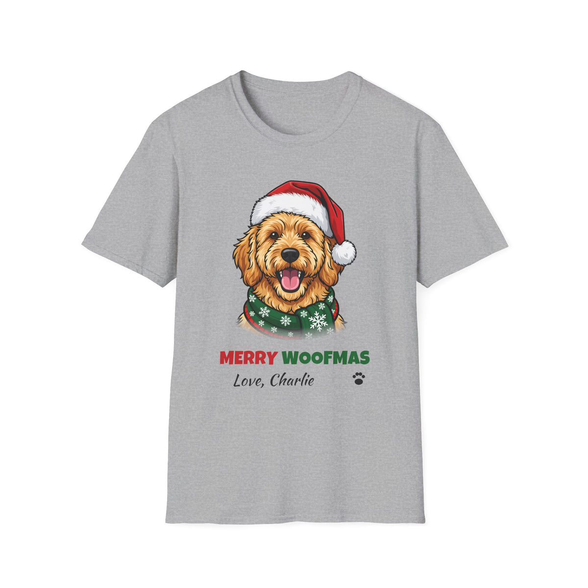 Merry Woofmas Goldendoodle Christmas t-shirt in Sport Gray, front view