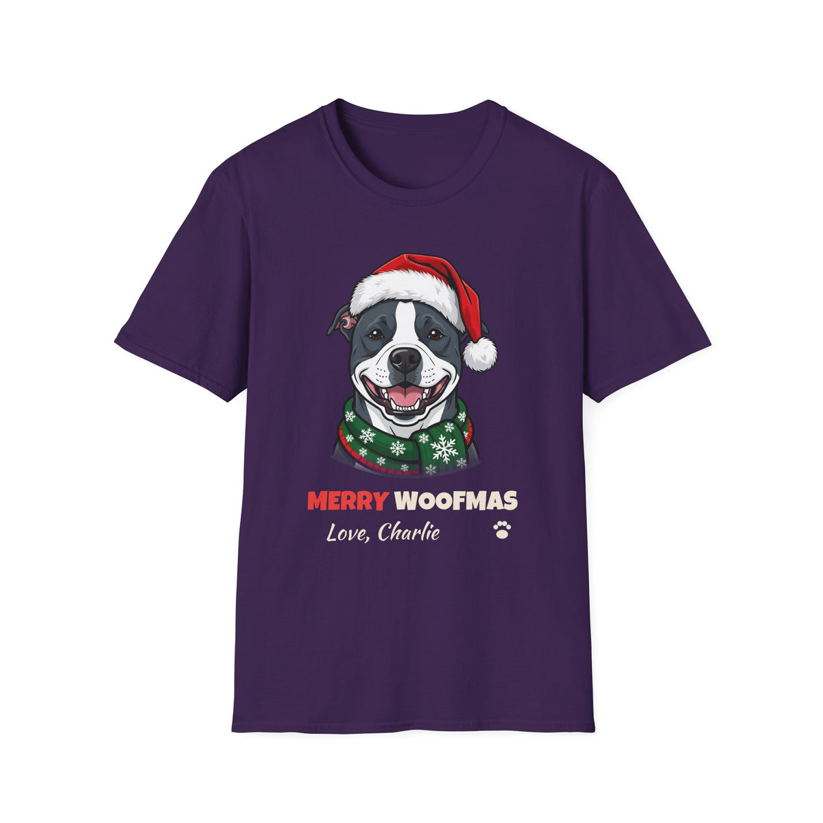 Merry Woofmas Blue Pit Bull Christmas t-shirt in Purple, front view