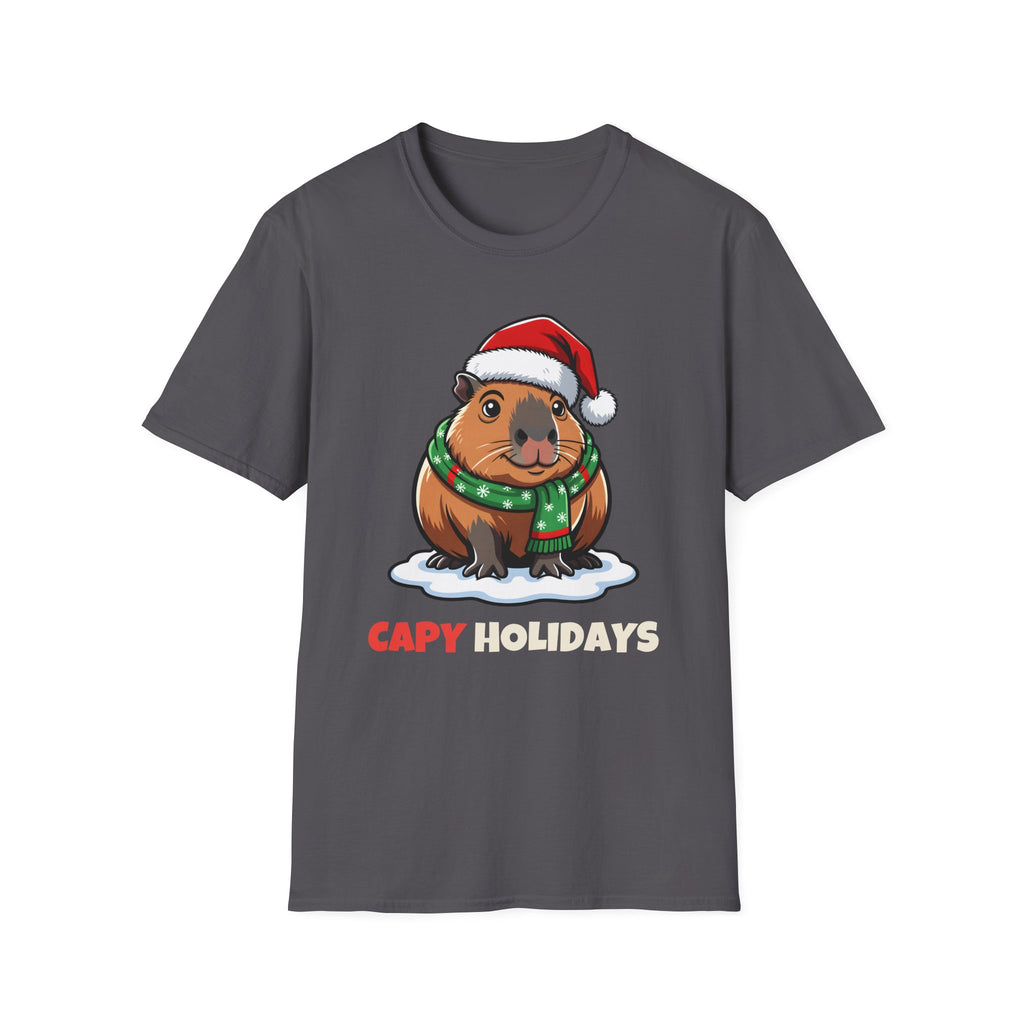 Capy Holidays Christmas t-shirt in Charcoal, front view