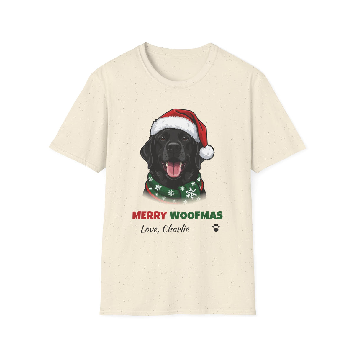 Merry Woofmas Black Labrador Christmas t-shirt in Natural, front view