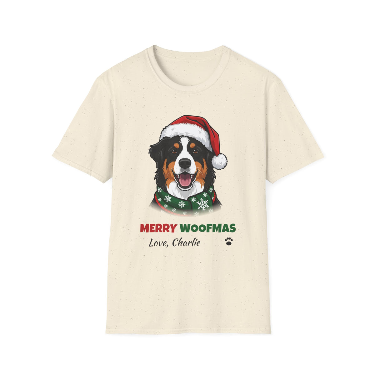 Merry Woofmas Australian Shepherd Christmas t-shirt in Natural, front view