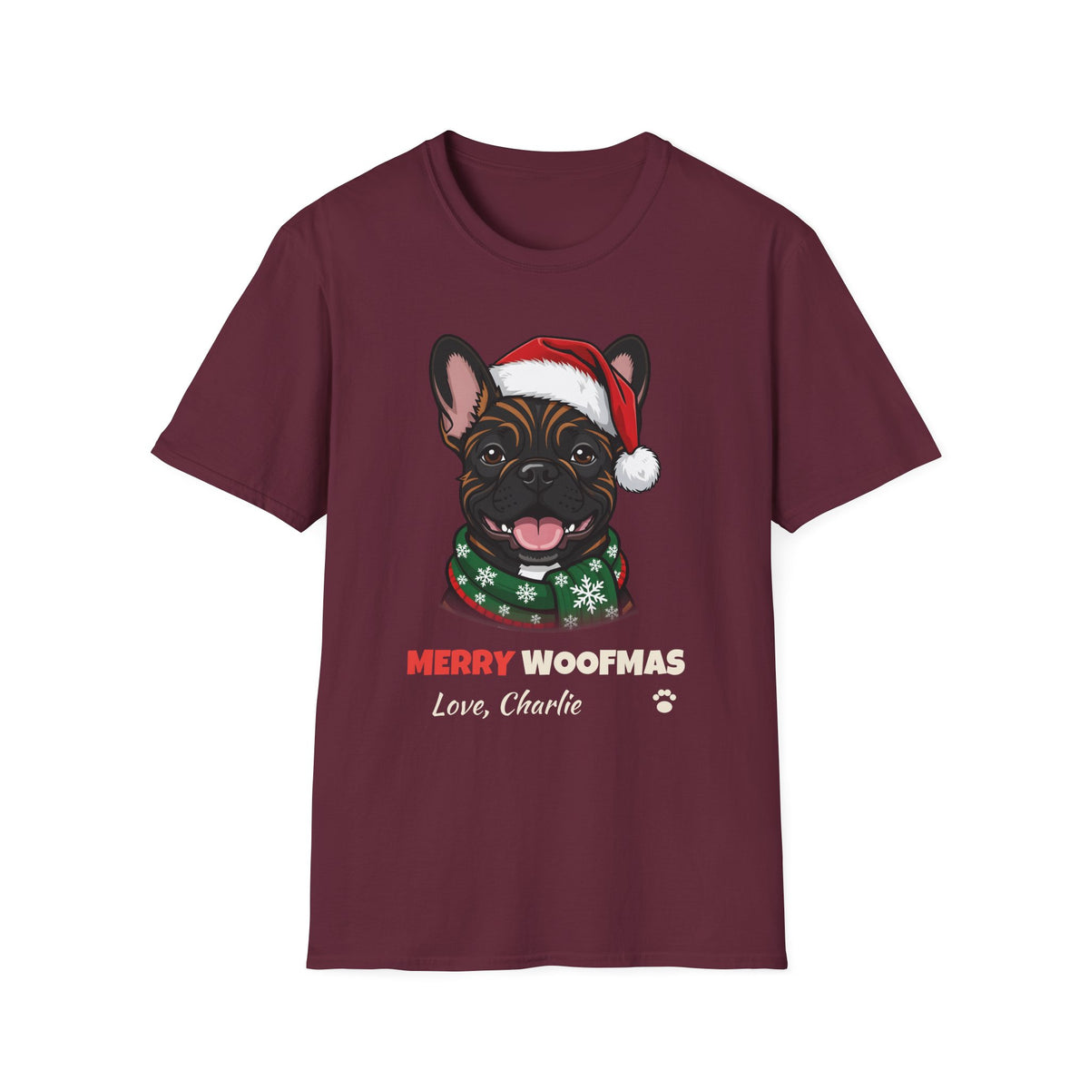 Merry Woofmas Brindle French Bulldog Christmas t-shirt in Maroon, front view