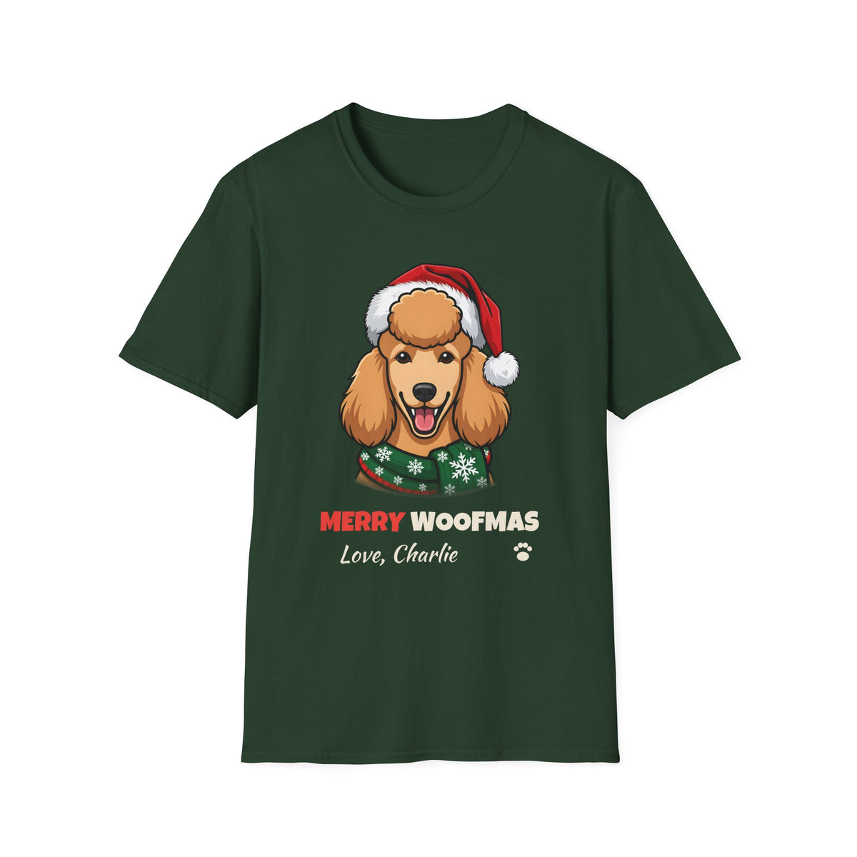 Merry Woofmas Poodle Christmas t-shirt in Forest Green, front view