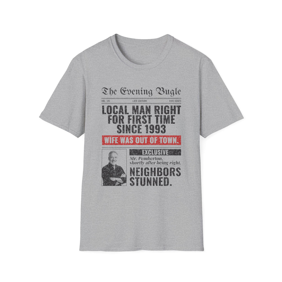 Evening Bugle Dad Joke t-shirt in Sport Gray, front view