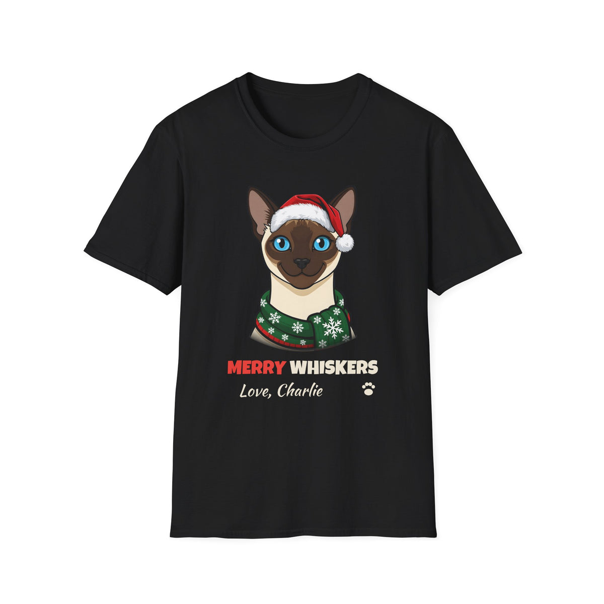 Merry Whiskers Siamese Cat Christmas t-shirt in Black, front view