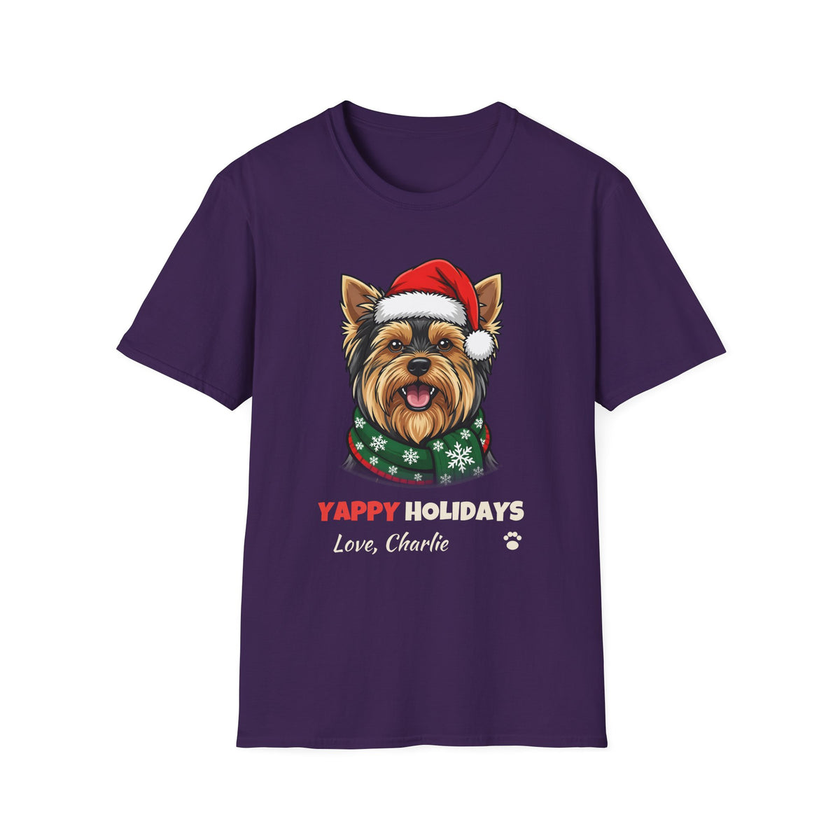 Yappy Holidays Yorkshire Terrier Christmas t-shirt in Purple, front view