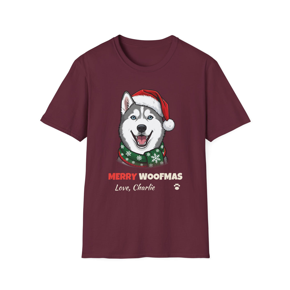 Merry Woofmas Siberian Husky Christmas t-shirt in Maroon, front view