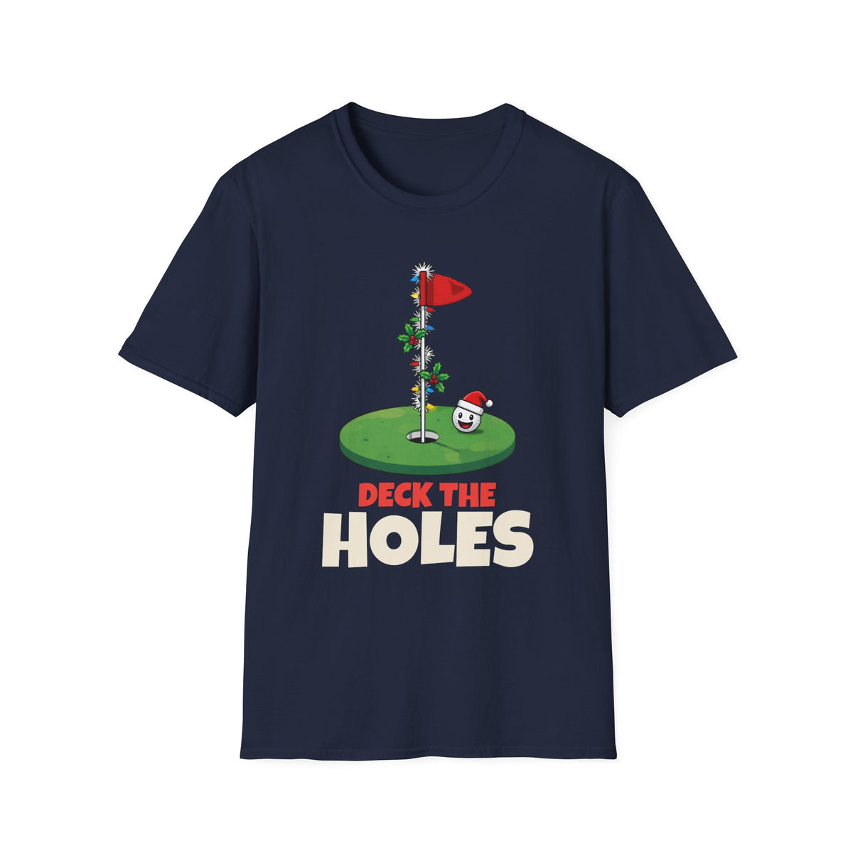 Deck the Holes Christmas t-shirt in Navy, front view