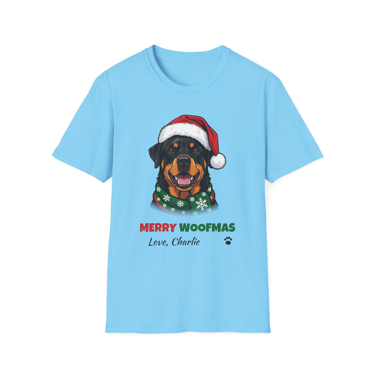 Merry Woofmas Rottweiler Christmas t-shirt in Sky, front view