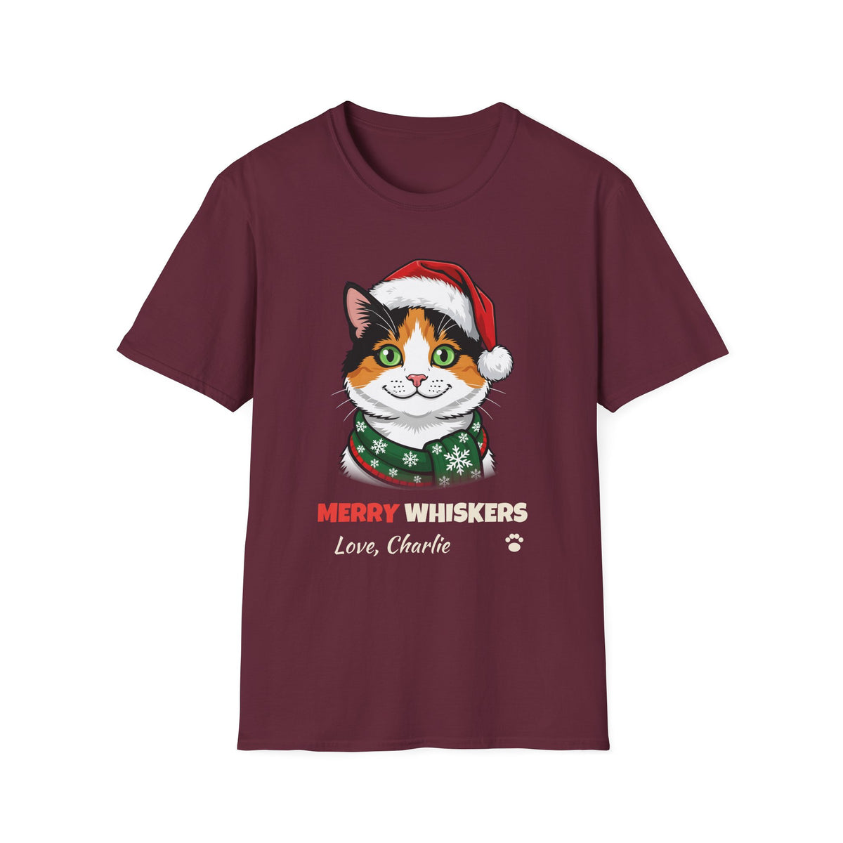 Merry Whiskers Calico Cat Christmas t-shirt in Maroon, front view