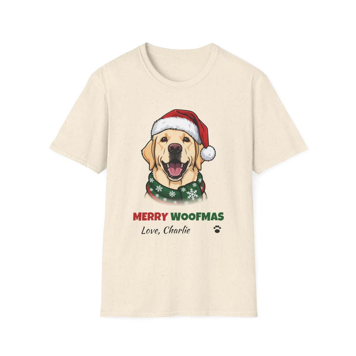 Merry Woofmas Yellow Labrador Christmas t-shirt in Natural, front view