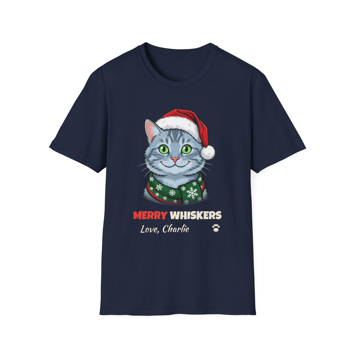Merry Whiskers Gray Cat Christmas t-shirt in Navy, front view