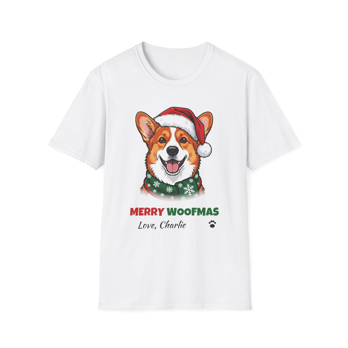 Merry Woofmas Corgi Christmas t-shirt in White, front view