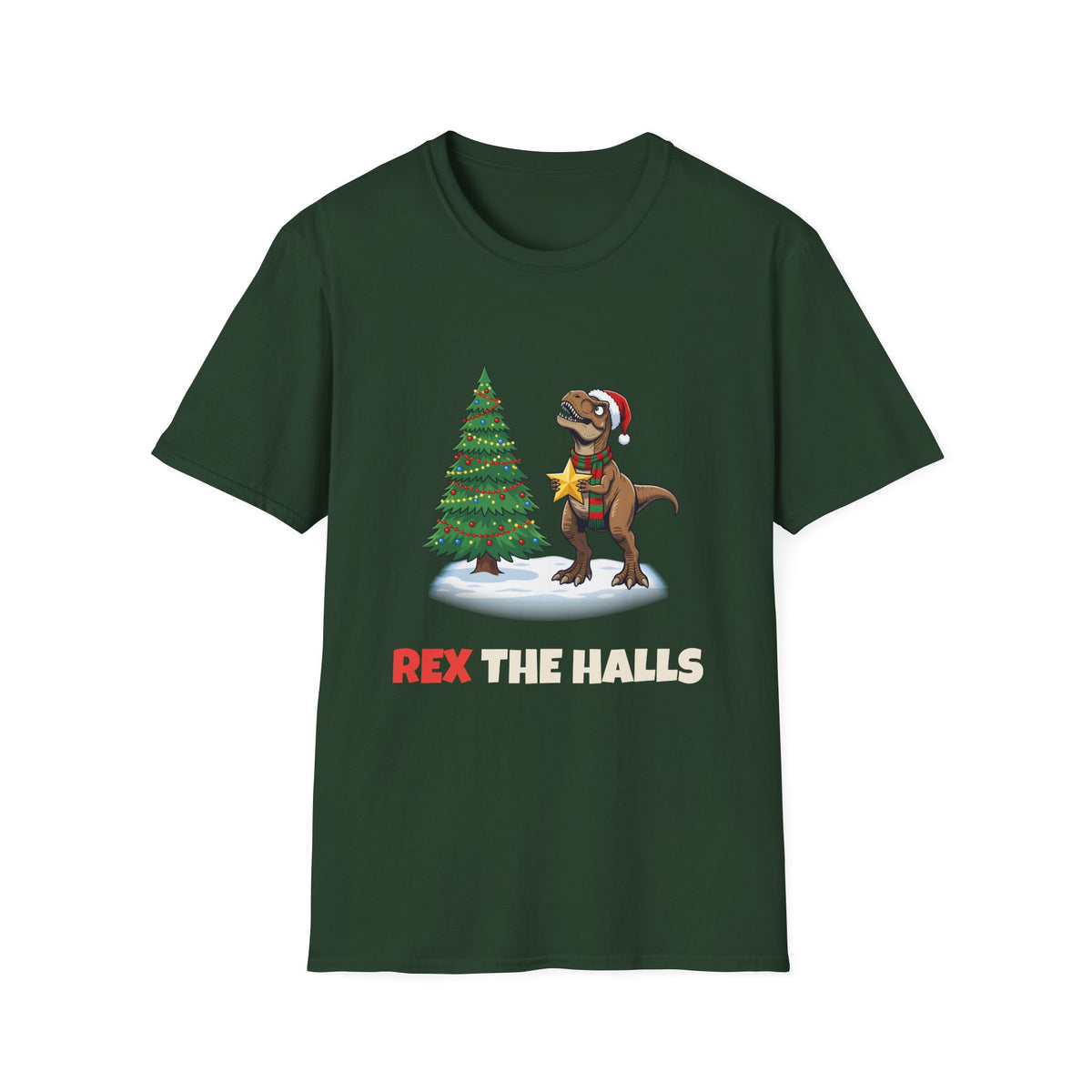 Rex the Halls Christmas t-shirt in Forest Green, front view