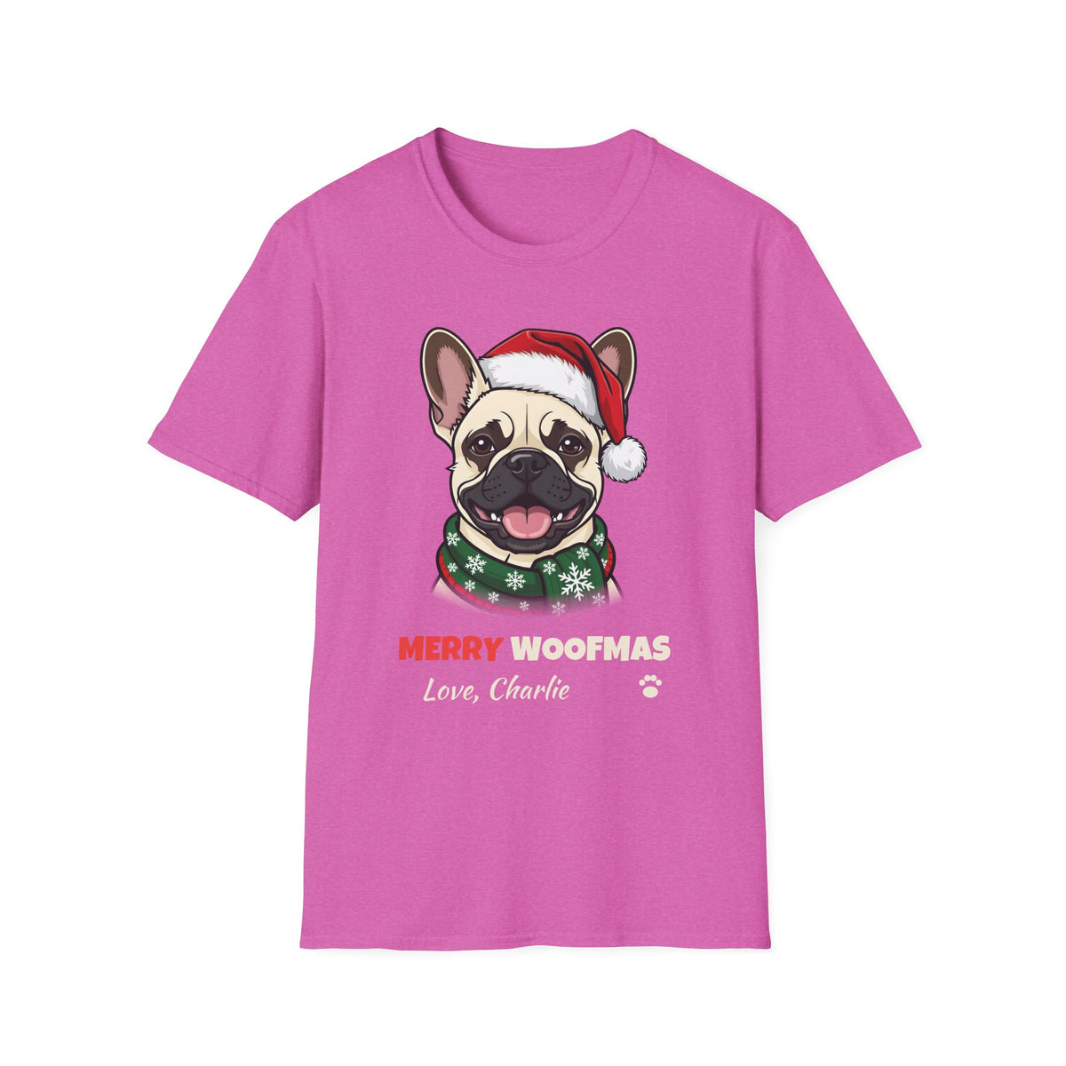 Merry Woofmas Cream French Bulldog Christmas t-shirt in Heather Berry, front view