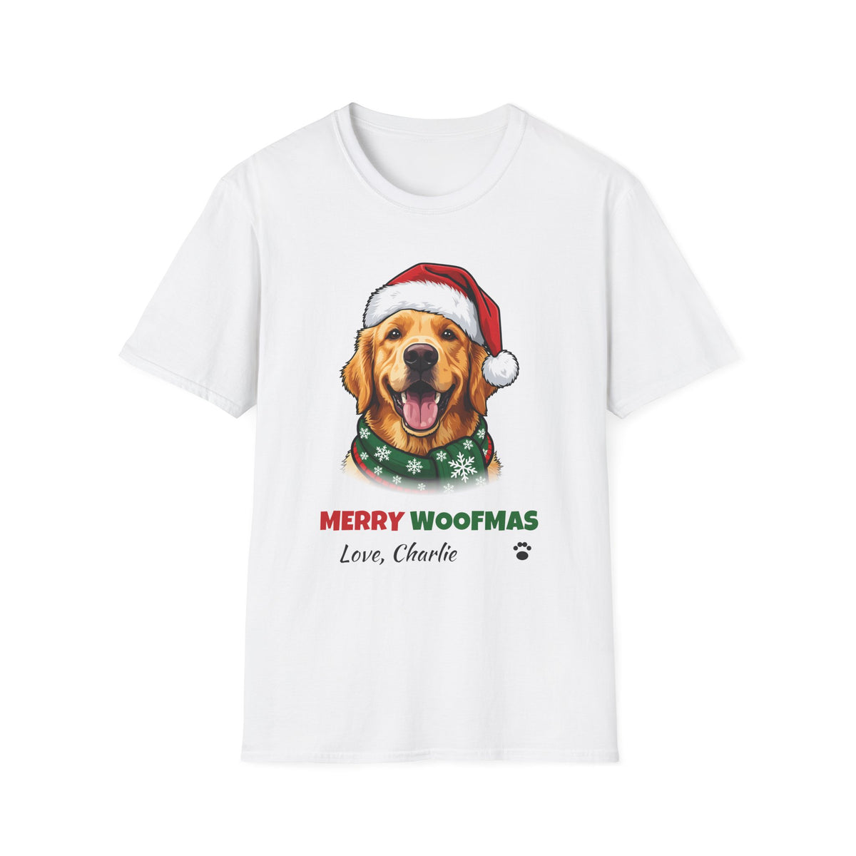 Merry Woofmas Golden Retriever Christmas t-shirt in White, front view