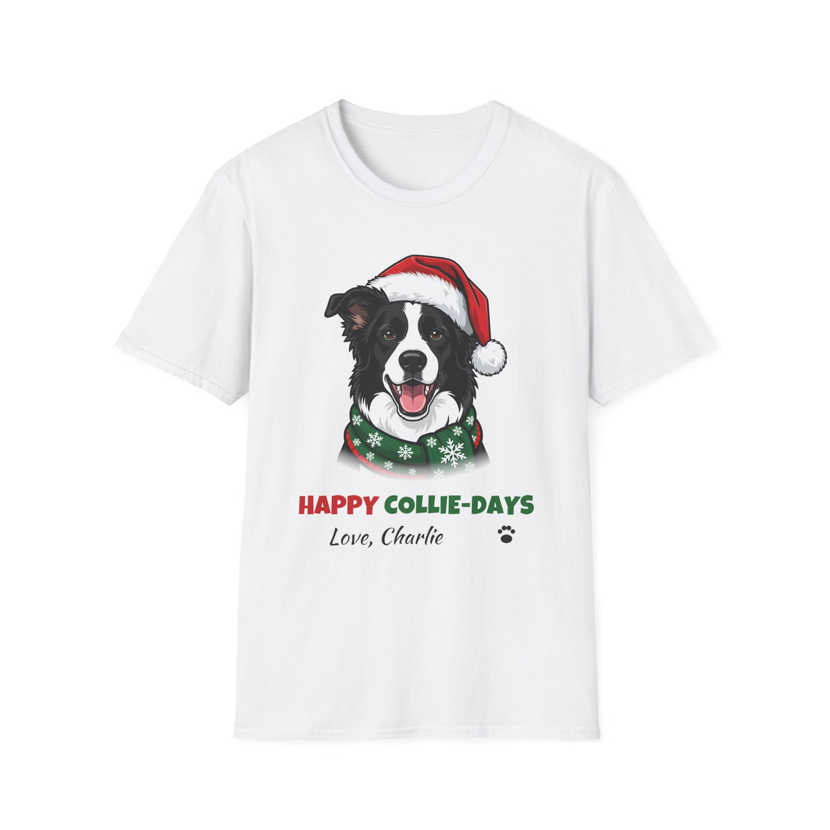 Happy Collie-Days Border Collie Christmas t-shirt in White, front view