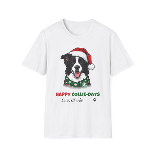 Happy Collie-Days Border Collie Christmas t-shirt in White, front view