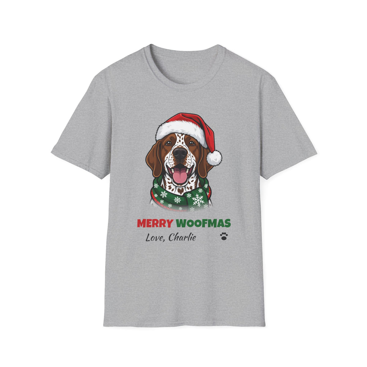 Merry Woofmas German Shorthaired Pointer Christmas t-shirt in Sport Gray, front view