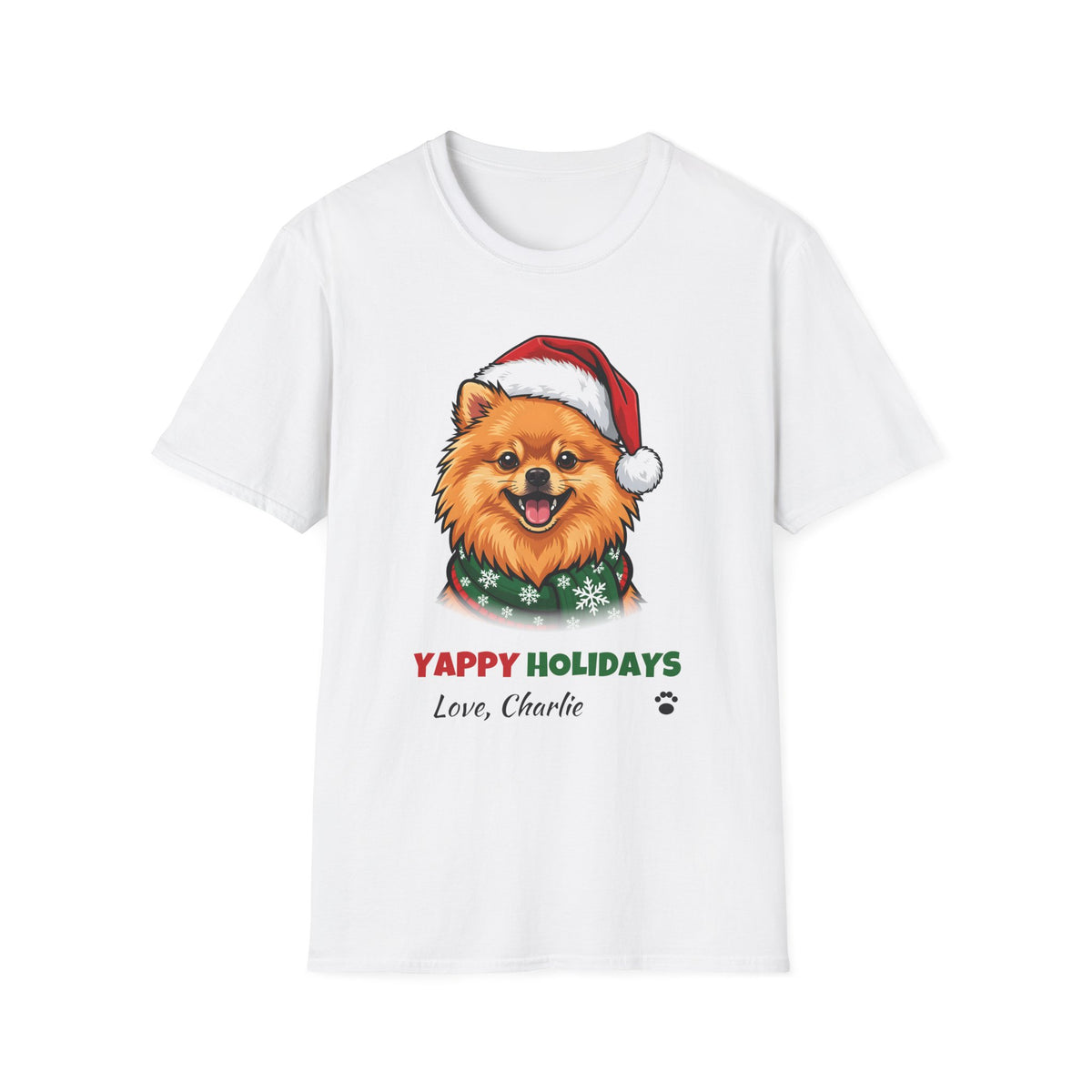 Yappy Holidays Pomeranian Christmas t-shirt in White, front view