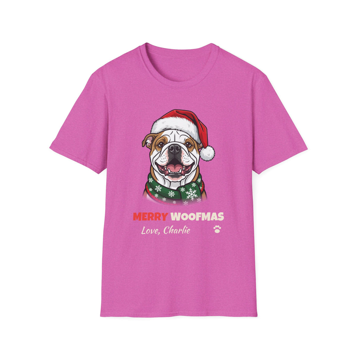 Merry Woofmas Bulldog Christmas t-shirt in Heather Berry, front view