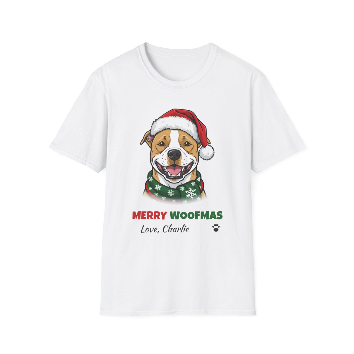 Merry Woofmas Pit Bull Christmas t-shirt in White, front view