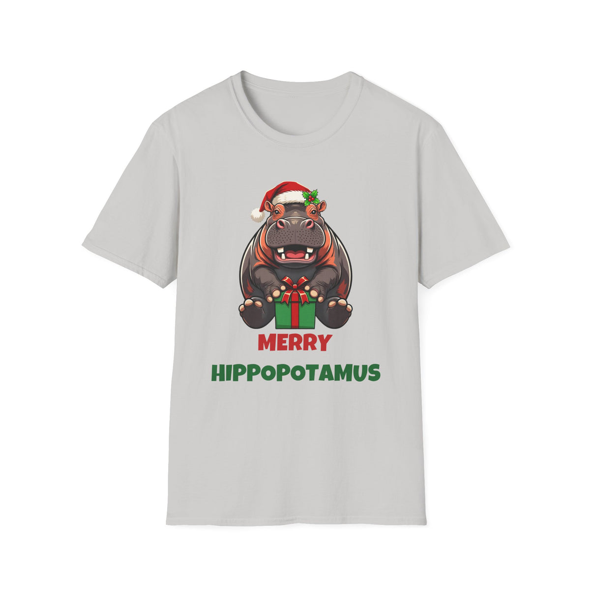 Merry Hippopotamus Christmas t-shirt in Ice Gray, front view