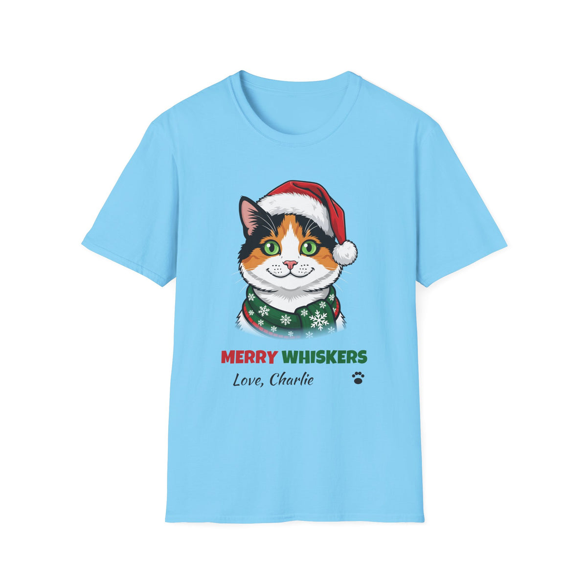 Merry Whiskers Calico Cat Christmas t-shirt in Sky, front view