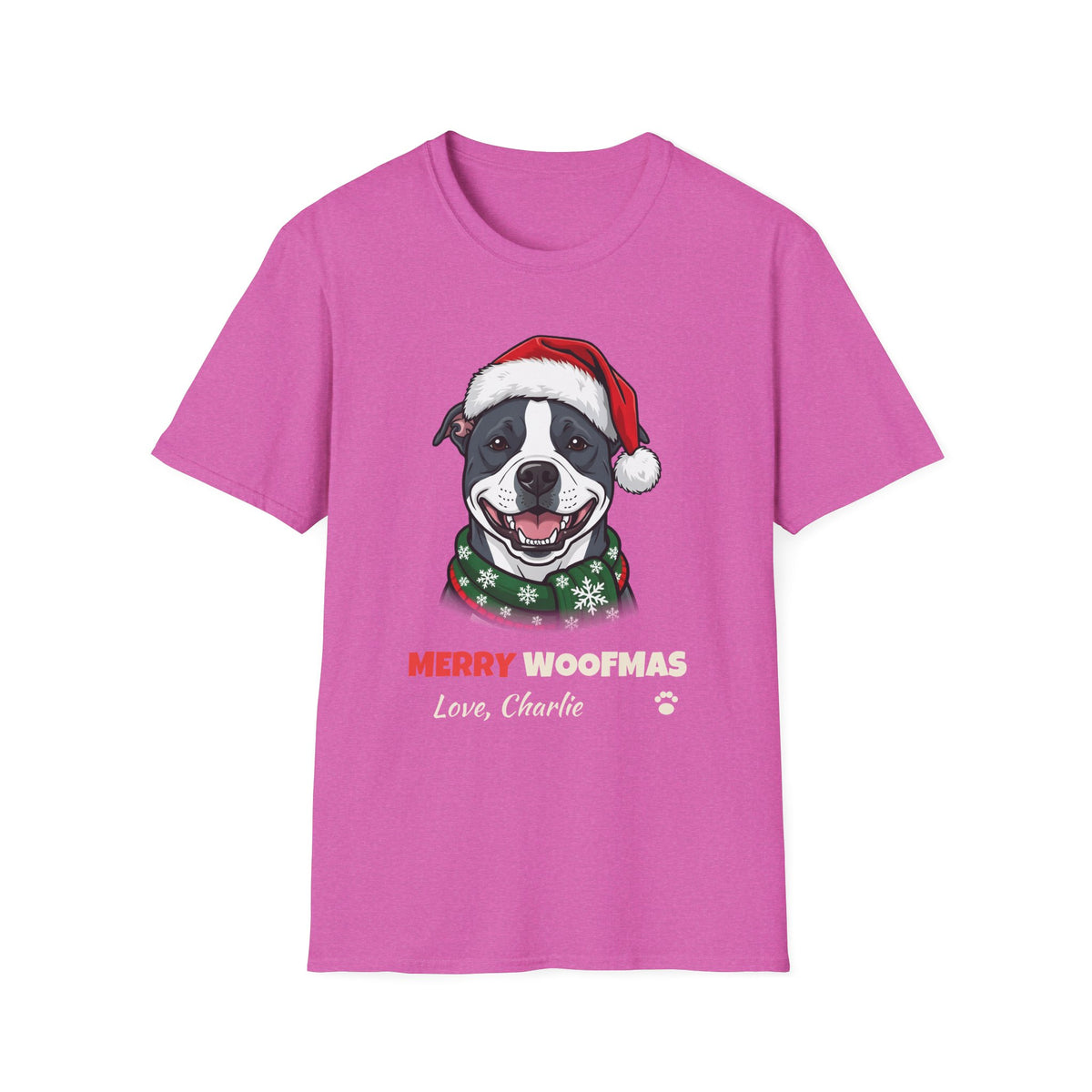 Merry Woofmas Blue Pit Bull Christmas t-shirt in Heather Berry, front view