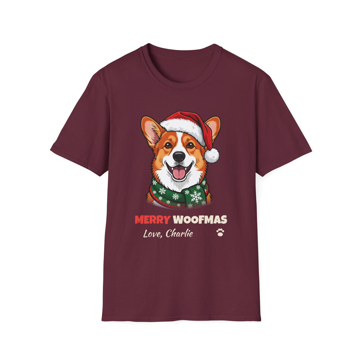 Merry Woofmas Corgi Christmas t-shirt in Maroon, front view