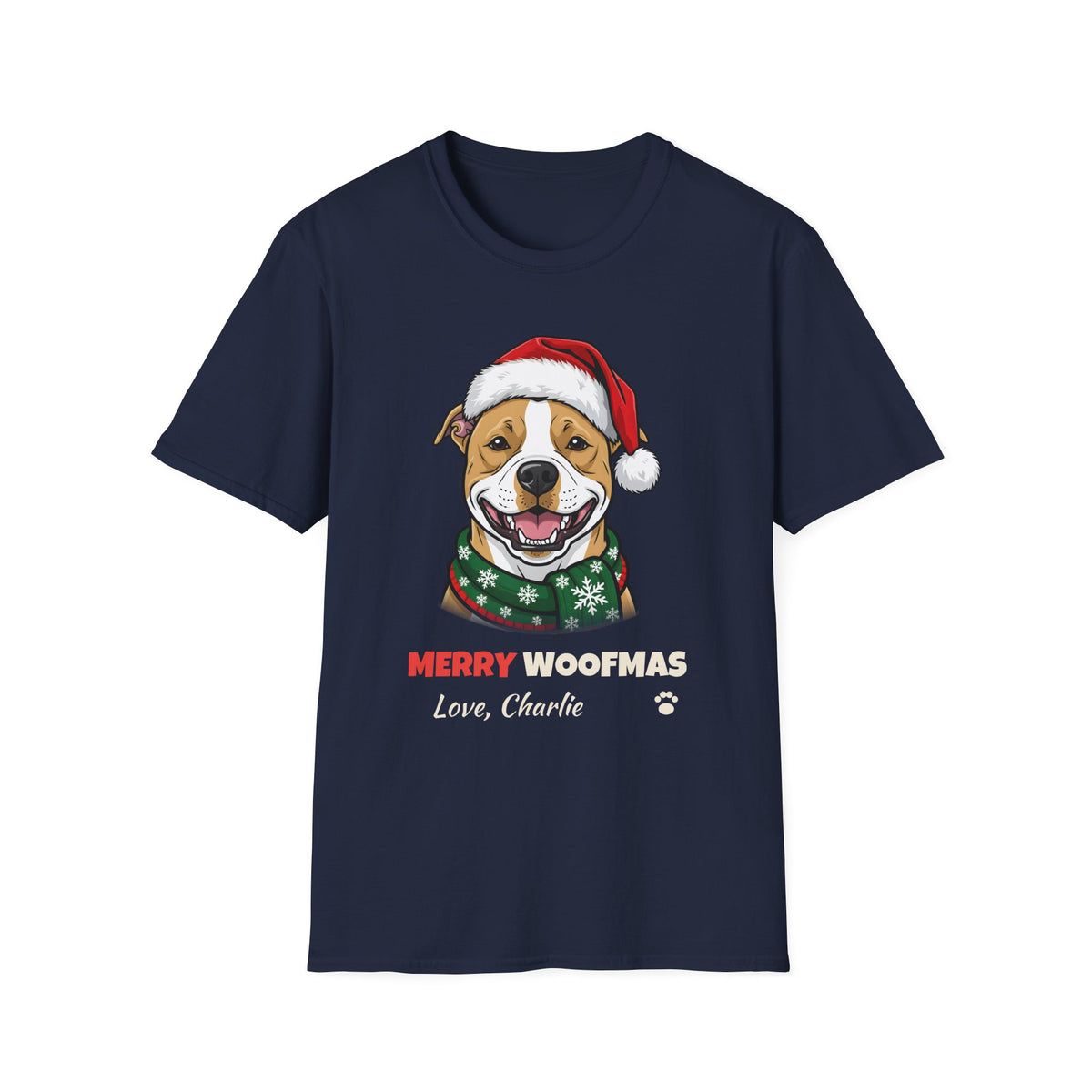 Merry Woofmas Pit Bull Christmas t-shirt in Navy, front view