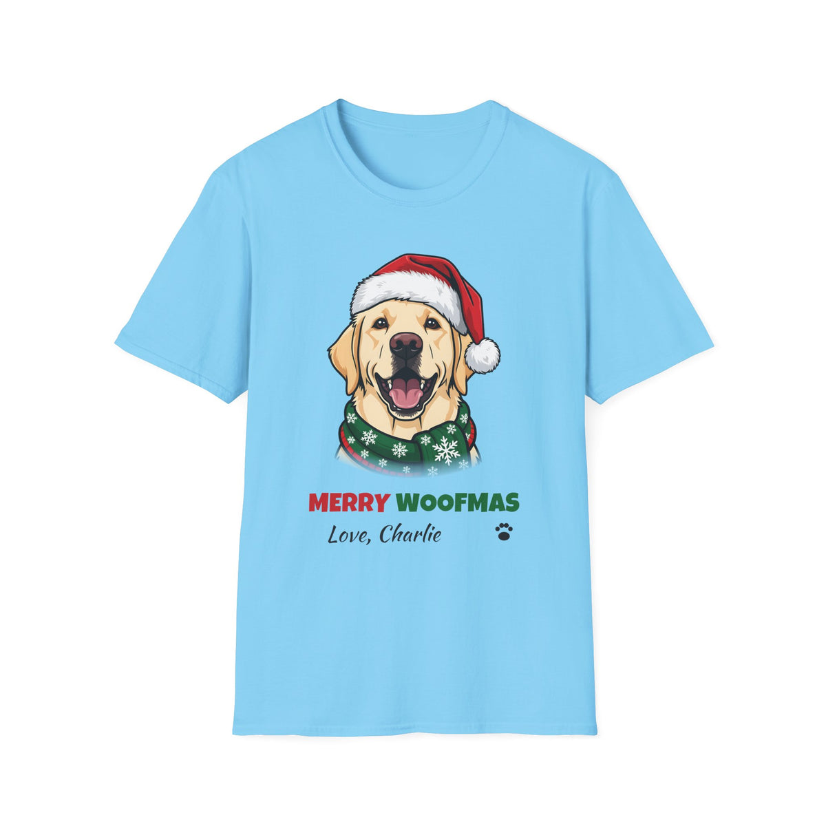Merry Woofmas Yellow Labrador Christmas t-shirt in Sky, front view