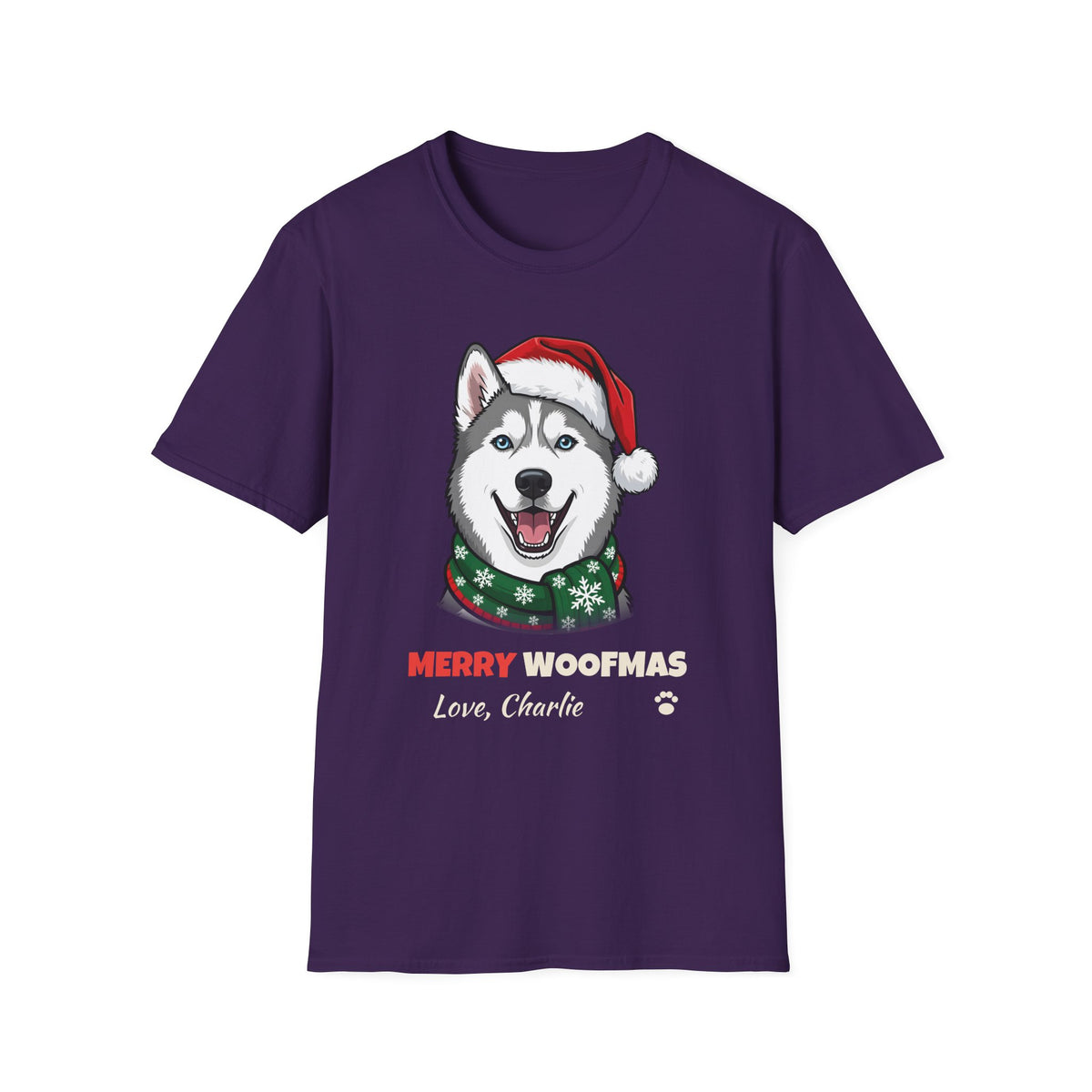 Merry Woofmas Siberian Husky Christmas t-shirt in Purple, front view