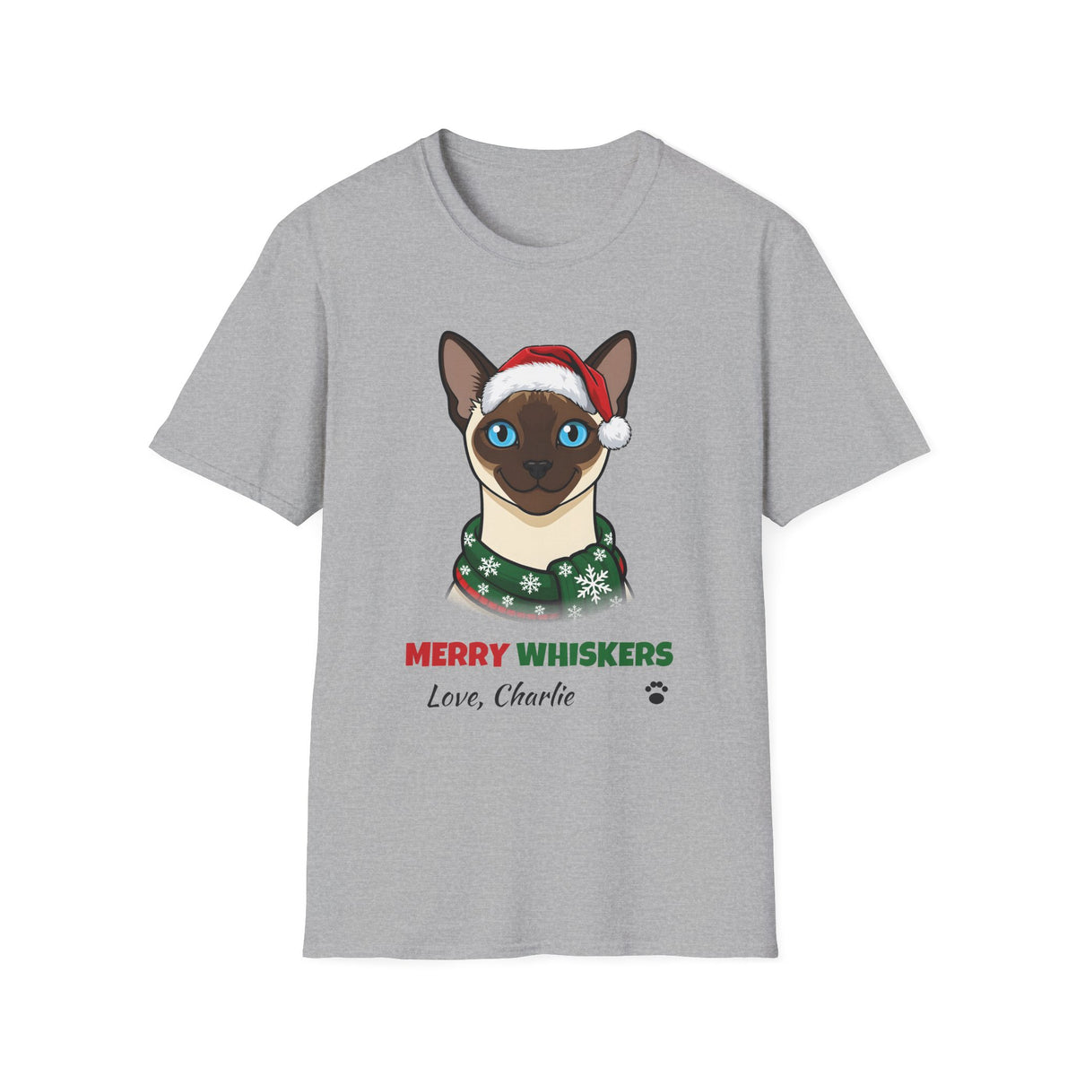 Merry Whiskers Siamese Cat Christmas t-shirt in Sport Gray, front view
