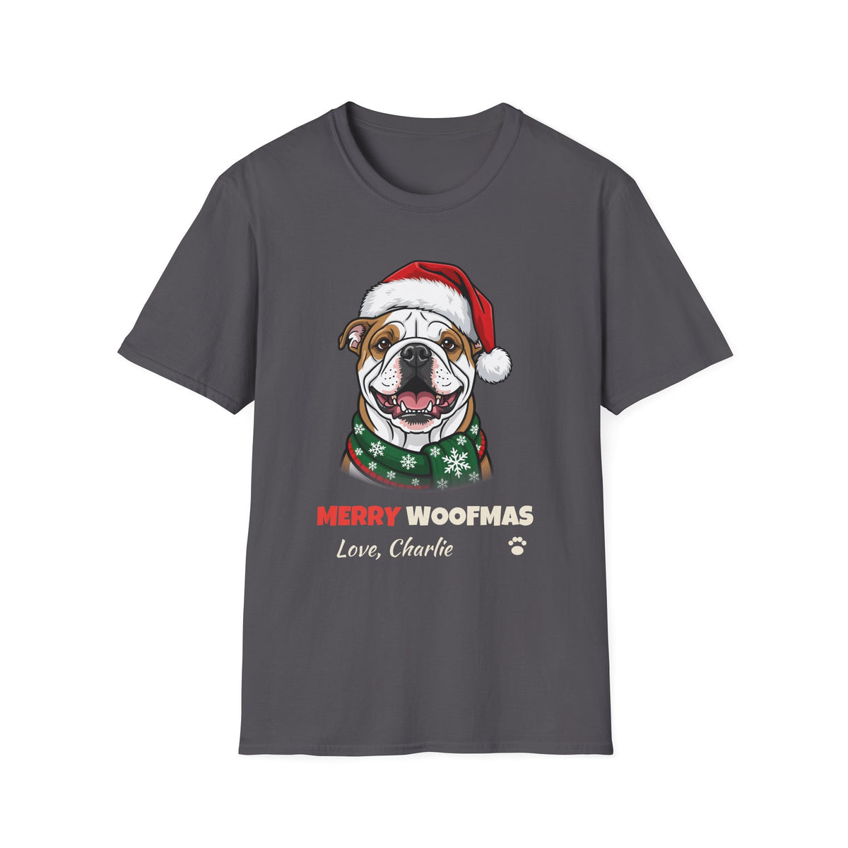 Merry Woofmas Bulldog Christmas t-shirt in Charcoal, front view