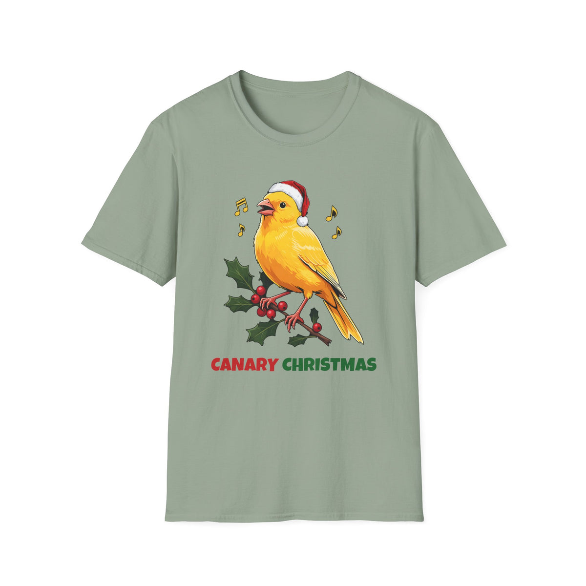 Canary Christmas t-shirt in Sage, front view
