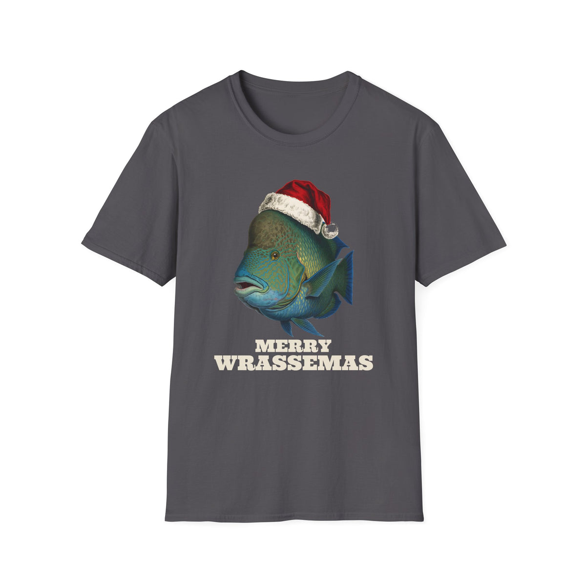 Merry Wrassemas t-shirt in Charcoal, front view