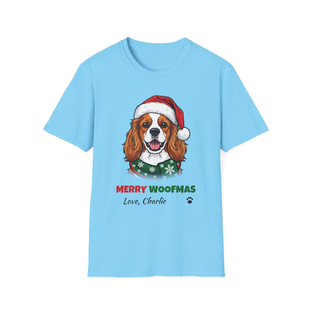 Merry Woofmas Cavalier King Charles Spaniel Christmas t-shirt in Sky, front view