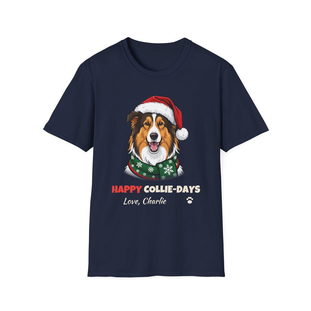 Happy Collie-Days Rough Collie Christmas t-shirt in Navy, front view