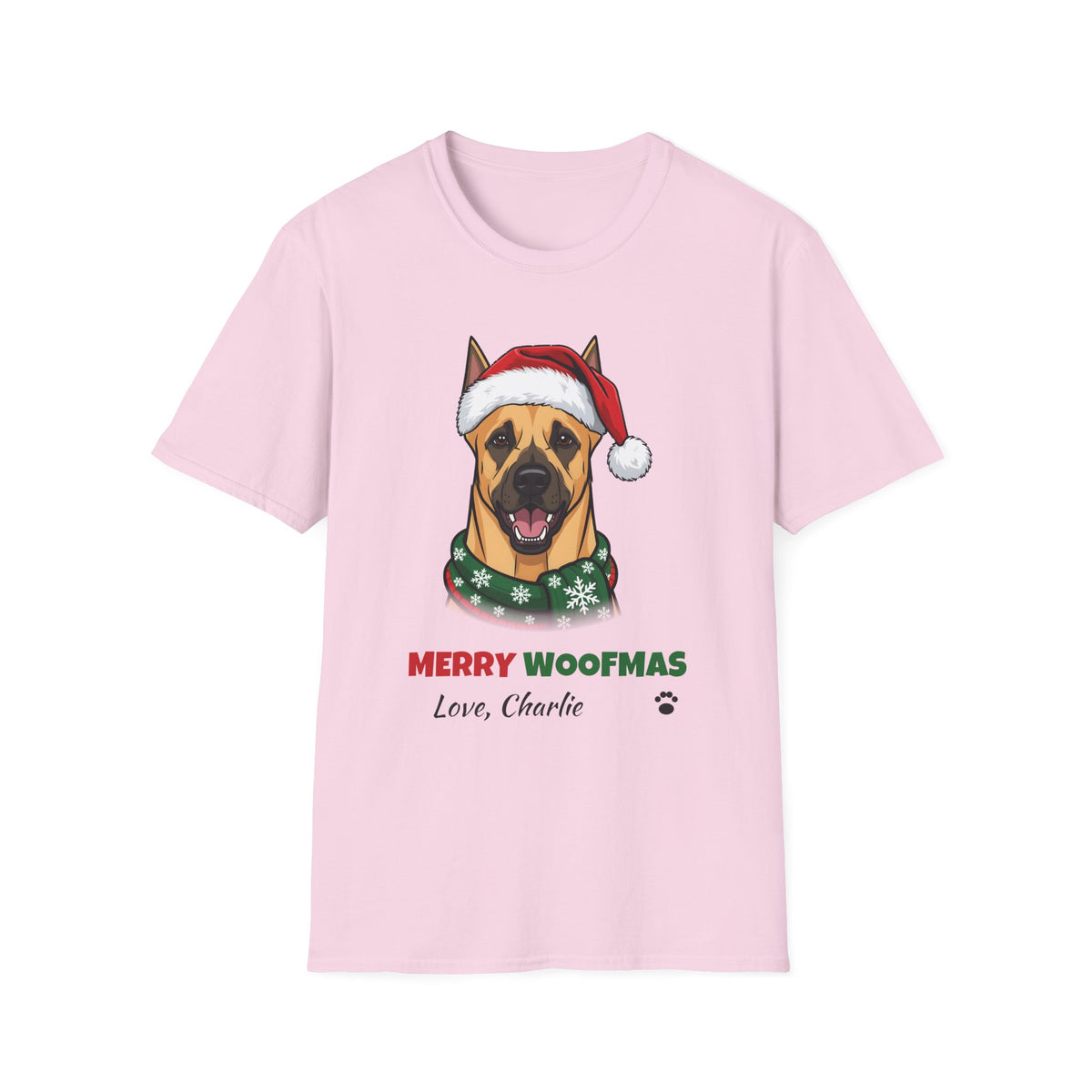 Merry Woofmas Great Dane Christmas t-shirt in Light Pink, front view