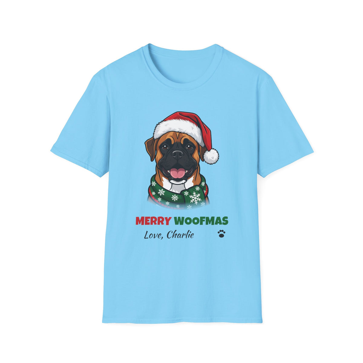 Merry Woofmas Boxer Christmas t-shirt in Sky, front view