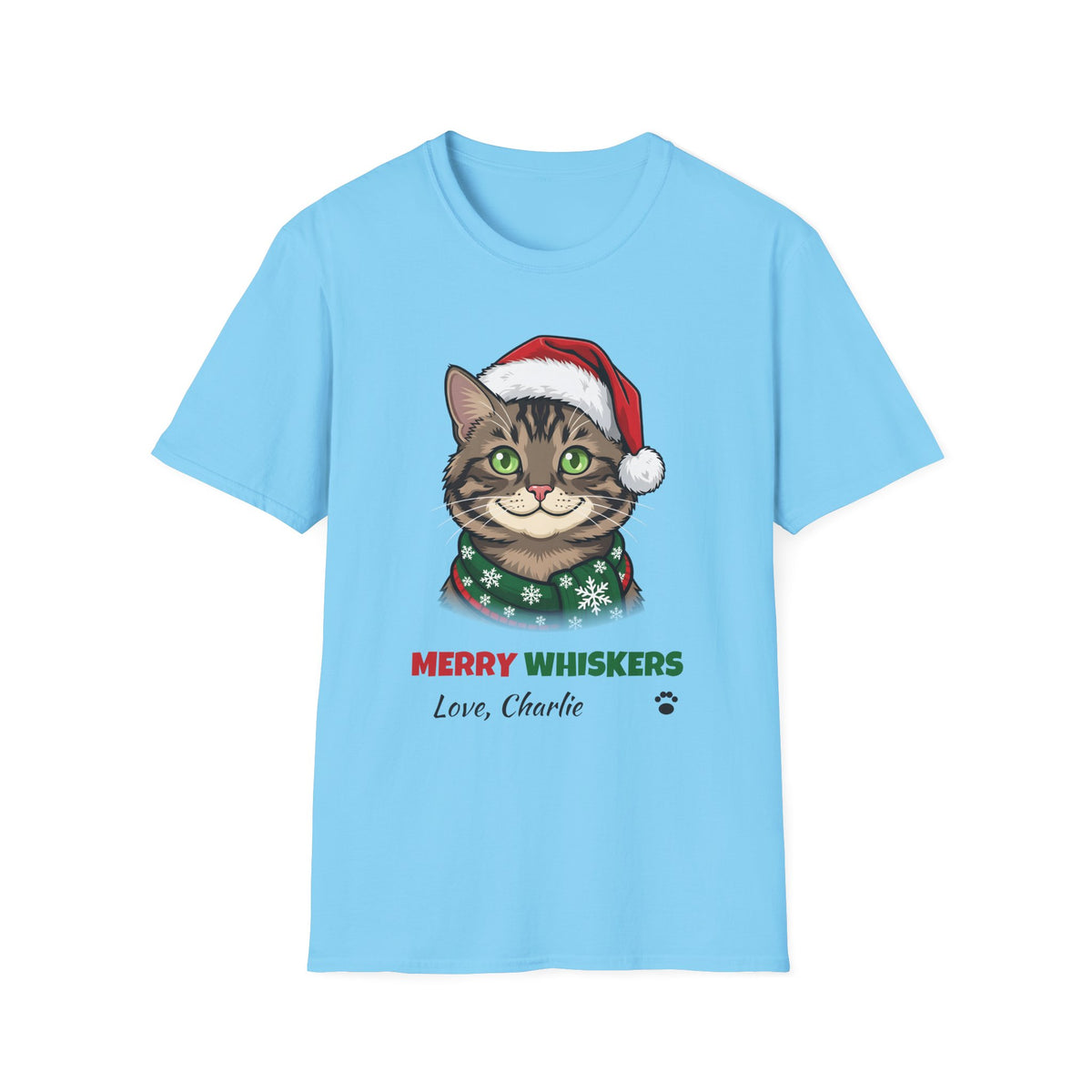 Merry Whiskers Brown Tabby Cat Christmas t-shirt in Sky, front view