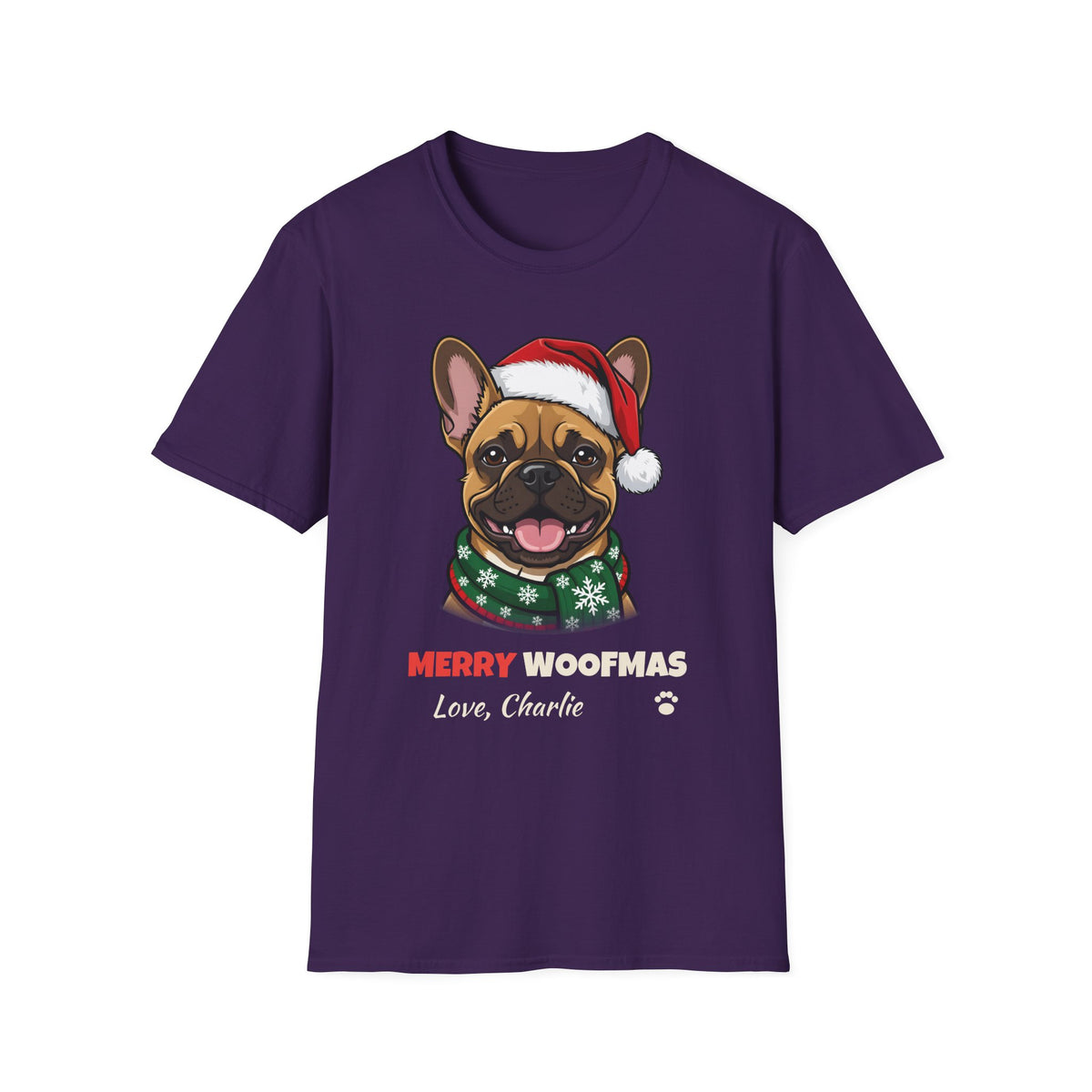 Merry Woofmas French Bulldog Christmas t-shirt in Purple, front view