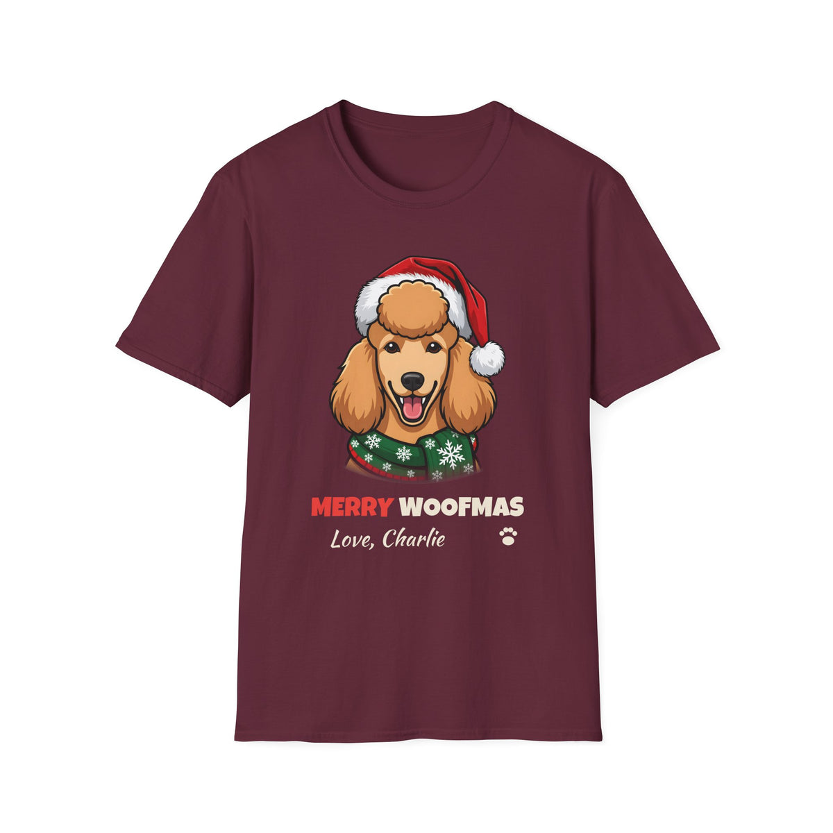 Merry Woofmas Poodle Christmas t-shirt in Maroon, front view