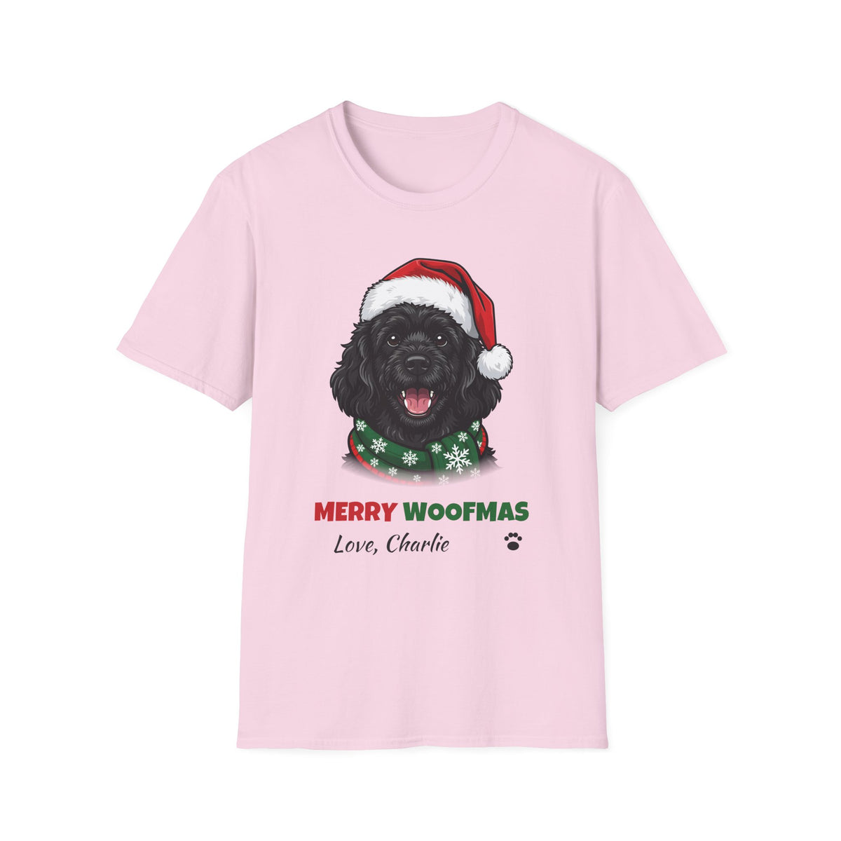 Merry Woofmas Cavapoo Christmas t-shirt in Light Pink, front view